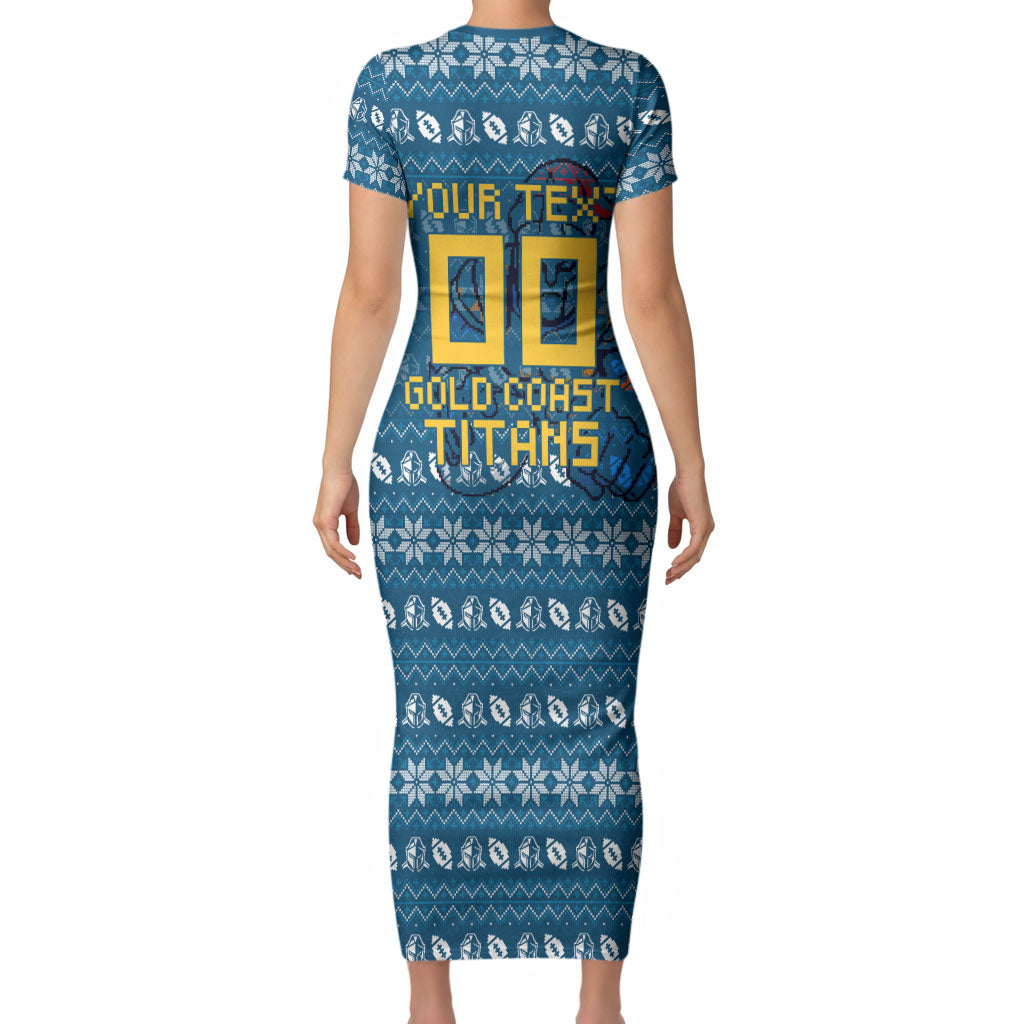 Personalized Gold Coast Titans Christmas Short Sleeve Bodycon Dress Australian Rugby Fans - Pixelated Ugly Xmas Pattern Mascot Santa