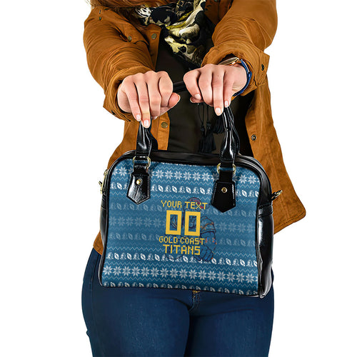 Personalized Gold Coast Titans Christmas Shoulder Handbag Australian Rugby Fans - Pixelated Ugly Xmas Pattern Mascot Santa
