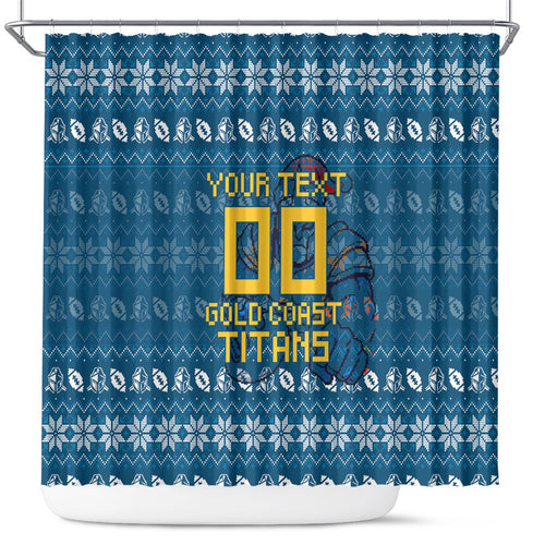 Personalized Gold Coast Titans Christmas Shower Curtain Australian Rugby Fans - Pixelated Ugly Xmas Pattern Mascot Santa