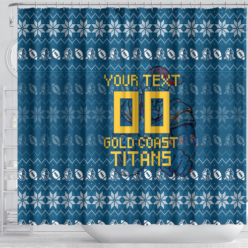 Personalized Gold Coast Titans Christmas Shower Curtain Australian Rugby Fans - Pixelated Ugly Xmas Pattern Mascot Santa