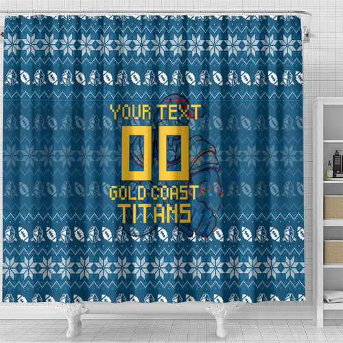 Personalized Gold Coast Titans Christmas Shower Curtain Australian Rugby Fans - Pixelated Ugly Xmas Pattern Mascot Santa