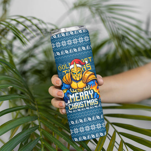 Personalized Gold Coast Titans Christmas Skinny Tumbler Australian Rugby Fans - Pixelated Ugly Xmas Pattern Mascot Santa