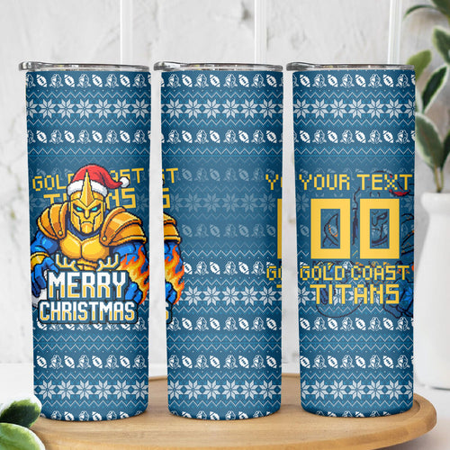 Personalized Gold Coast Titans Christmas Skinny Tumbler Australian Rugby Fans - Pixelated Ugly Xmas Pattern Mascot Santa