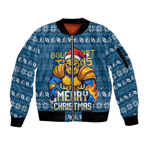 Personalized Gold Coast Titans Christmas Sleeve Zip Bomber Jacket Australian Rugby Fans - Pixelated Ugly Xmas Pattern Mascot Santa