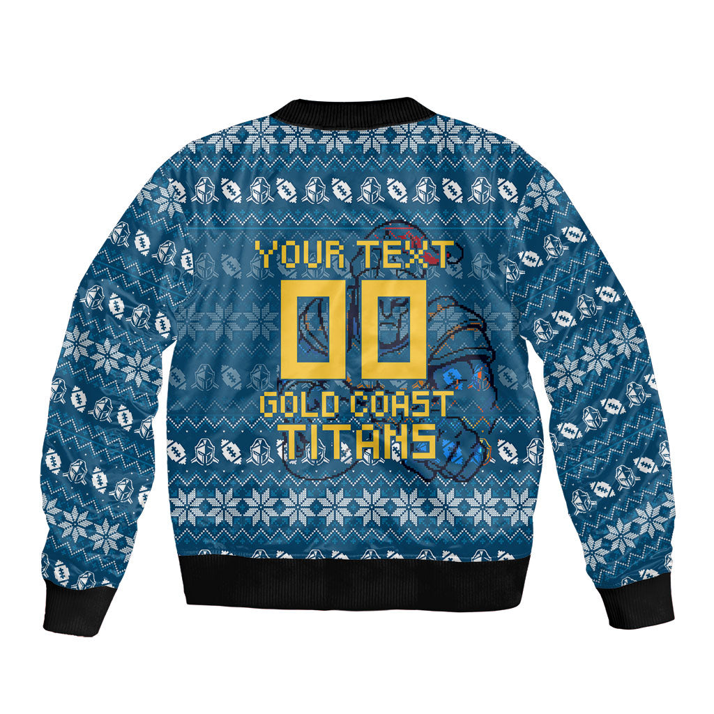 Personalized Gold Coast Titans Christmas Sleeve Zip Bomber Jacket Australian Rugby Fans - Pixelated Ugly Xmas Pattern Mascot Santa