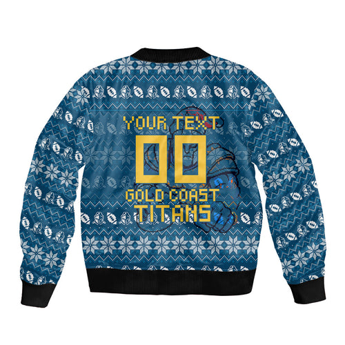 Personalized Gold Coast Titans Christmas Sleeve Zip Bomber Jacket Australian Rugby Fans - Pixelated Ugly Xmas Pattern Mascot Santa
