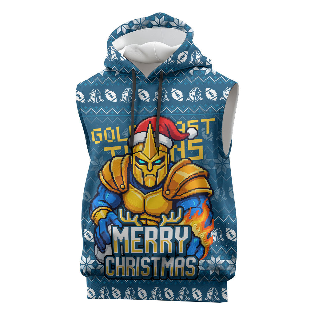 Personalized Gold Coast Titans Christmas Sleeveless Hoodie Australian Rugby Fans - Pixelated Ugly Xmas Pattern Mascot Santa