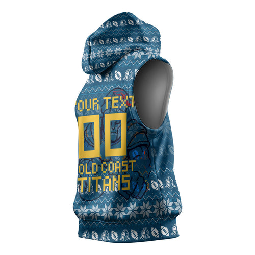 Personalized Gold Coast Titans Christmas Sleeveless Hoodie Australian Rugby Fans - Pixelated Ugly Xmas Pattern Mascot Santa