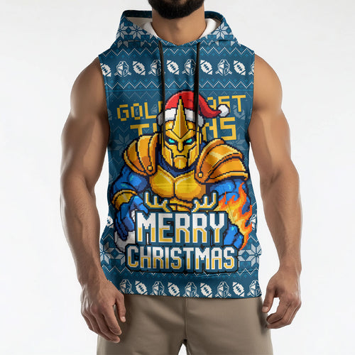 Personalized Gold Coast Titans Christmas Sleeveless Hoodie Australian Rugby Fans - Pixelated Ugly Xmas Pattern Mascot Santa