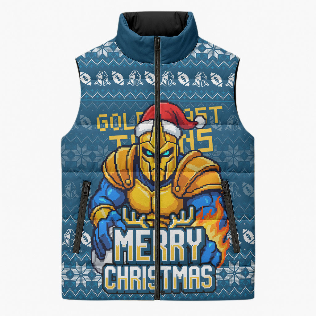 Personalized Gold Coast Titans Christmas Sleeveless Puffer Jacket Australian Rugby Fans - Pixelated Ugly Xmas Pattern Mascot Santa