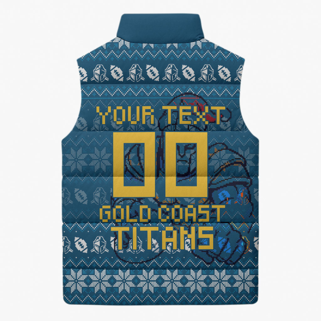 Personalized Gold Coast Titans Christmas Sleeveless Puffer Jacket Australian Rugby Fans - Pixelated Ugly Xmas Pattern Mascot Santa