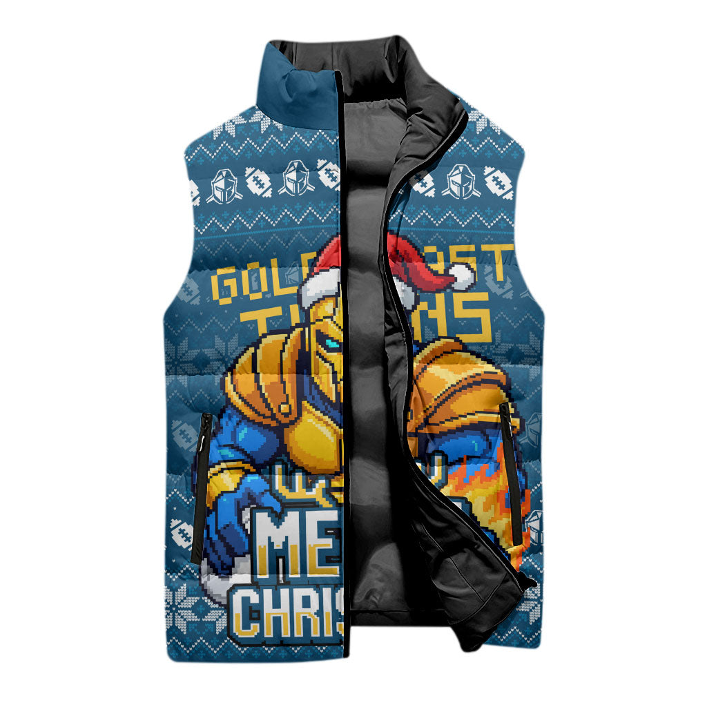 Personalized Gold Coast Titans Christmas Sleeveless Puffer Jacket Australian Rugby Fans - Pixelated Ugly Xmas Pattern Mascot Santa