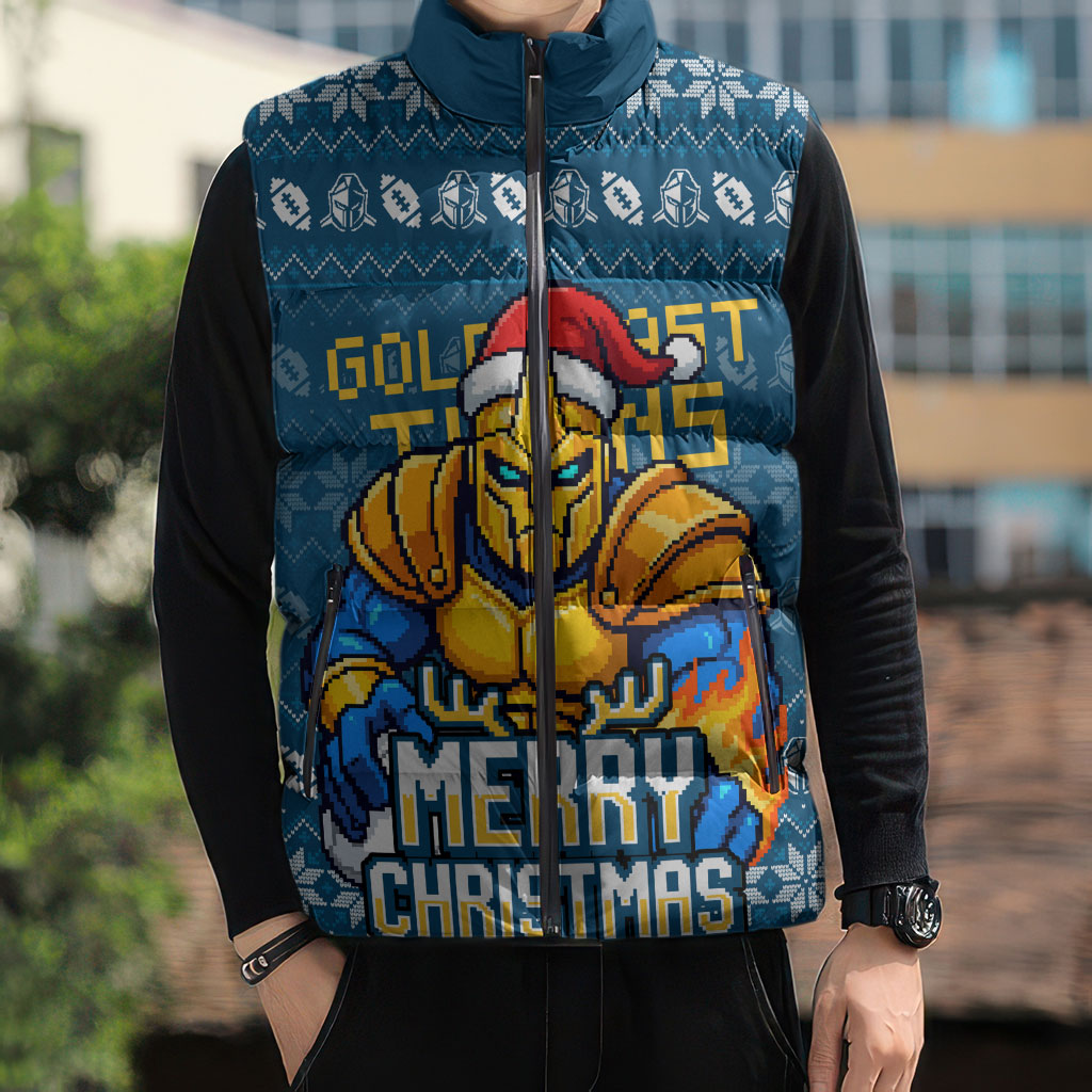 Personalized Gold Coast Titans Christmas Sleeveless Puffer Jacket Australian Rugby Fans - Pixelated Ugly Xmas Pattern Mascot Santa