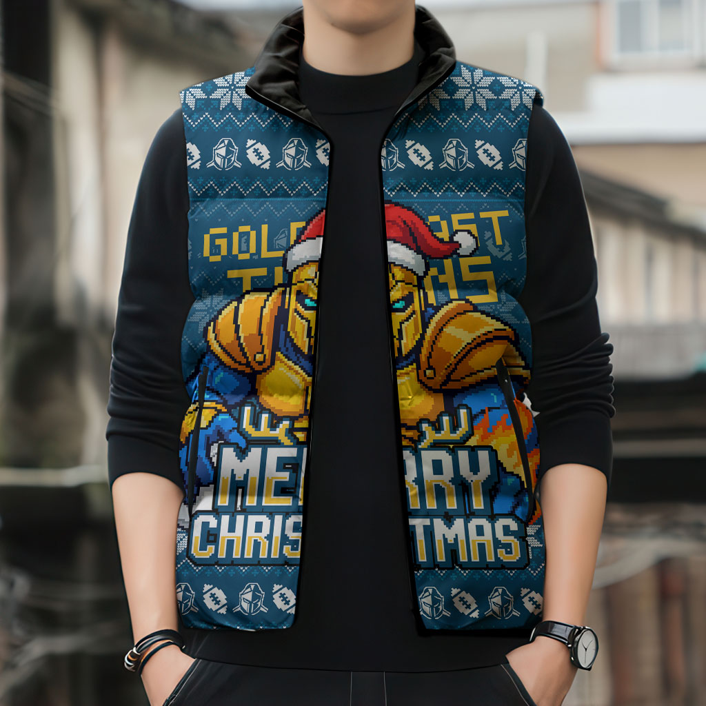 Personalized Gold Coast Titans Christmas Sleeveless Puffer Jacket Australian Rugby Fans - Pixelated Ugly Xmas Pattern Mascot Santa