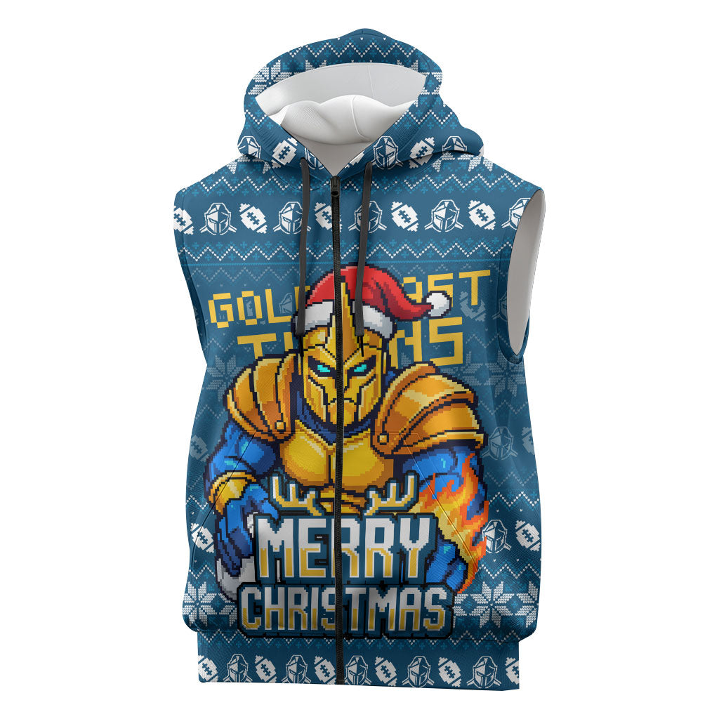 Personalized Gold Coast Titans Christmas Sleeveless Zip Hoodie Australian Rugby Fans - Pixelated Ugly Xmas Pattern Mascot Santa