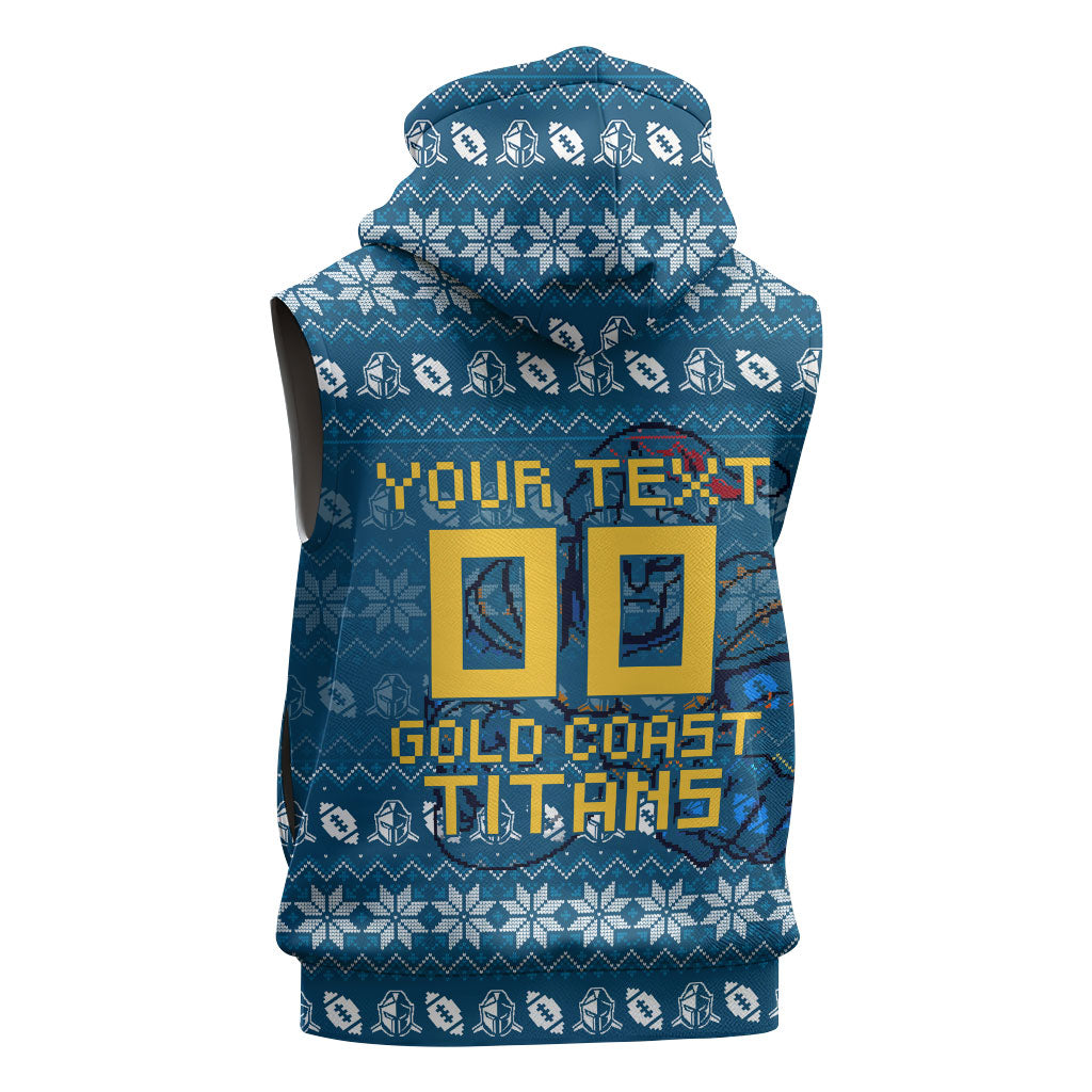 Personalized Gold Coast Titans Christmas Sleeveless Zip Hoodie Australian Rugby Fans - Pixelated Ugly Xmas Pattern Mascot Santa