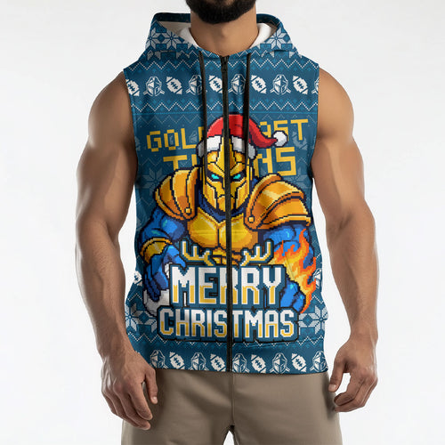 Personalized Gold Coast Titans Christmas Sleeveless Zip Hoodie Australian Rugby Fans - Pixelated Ugly Xmas Pattern Mascot Santa