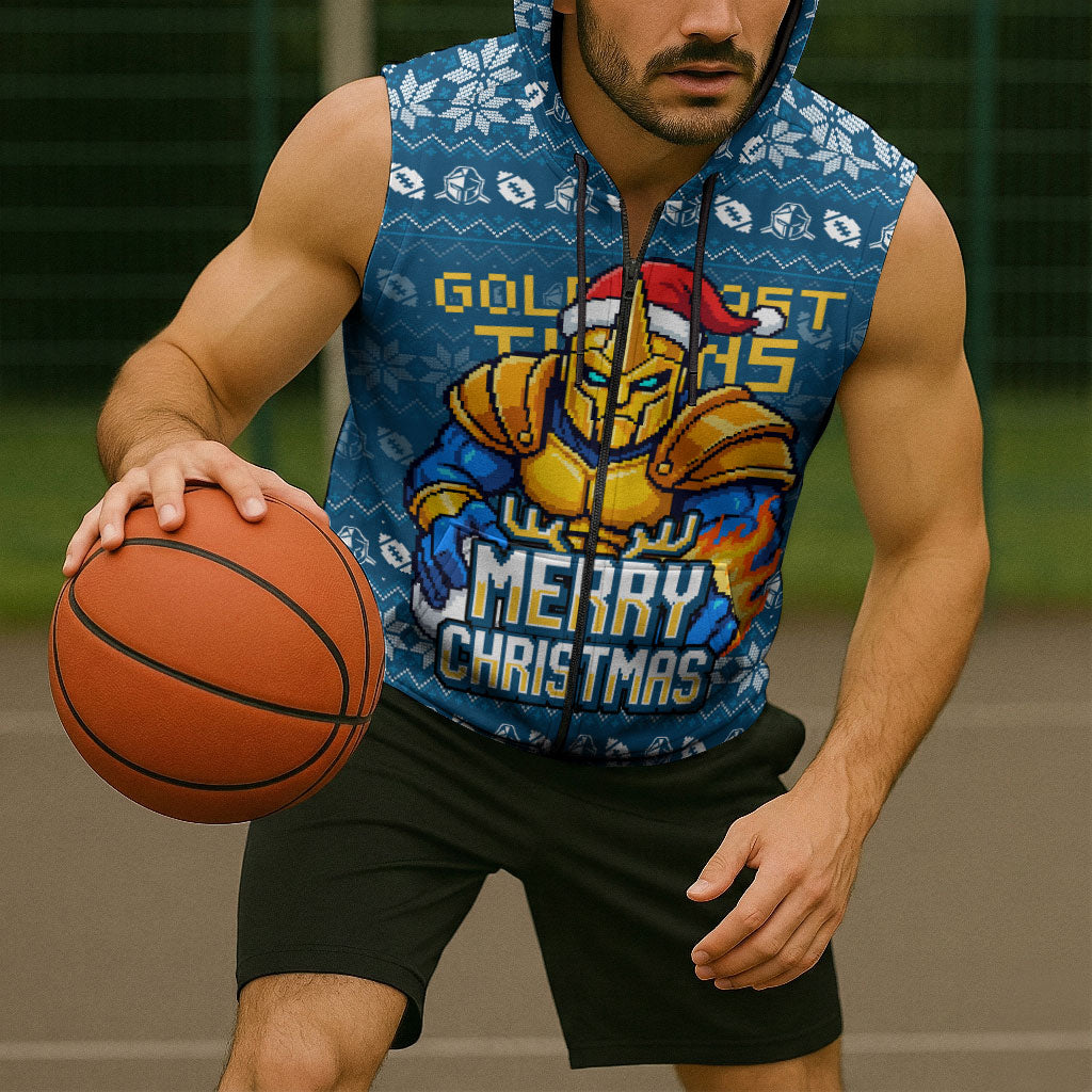 Personalized Gold Coast Titans Christmas Sleeveless Zip Hoodie Australian Rugby Fans - Pixelated Ugly Xmas Pattern Mascot Santa