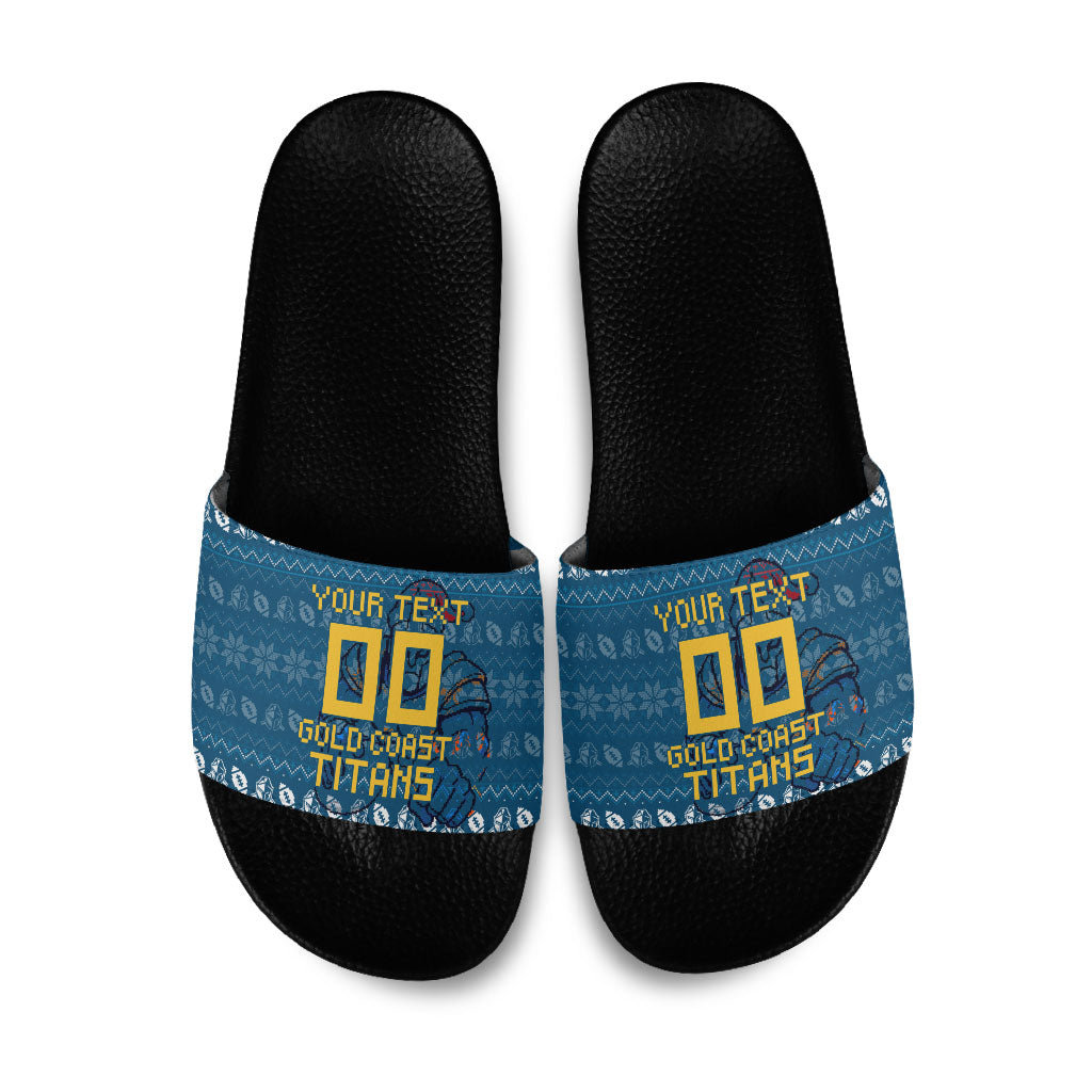 Personalized Gold Coast Titans Christmas Slide Sandals Australian Rugby Fans - Pixelated Ugly Xmas Pattern Mascot Santa