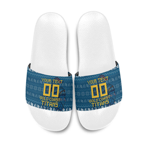 Personalized Gold Coast Titans Christmas Slide Sandals Australian Rugby Fans - Pixelated Ugly Xmas Pattern Mascot Santa