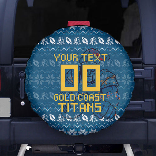 Personalized Gold Coast Titans Christmas Spare Tire Cover Australian Rugby Fans - Pixelated Ugly Xmas Pattern Mascot Santa