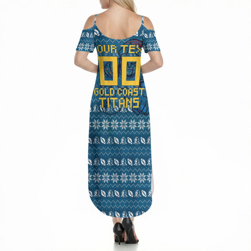 Personalized Gold Coast Titans Christmas Summer Maxi Dress Australian Rugby Fans - Pixelated Ugly Xmas Pattern Mascot Santa