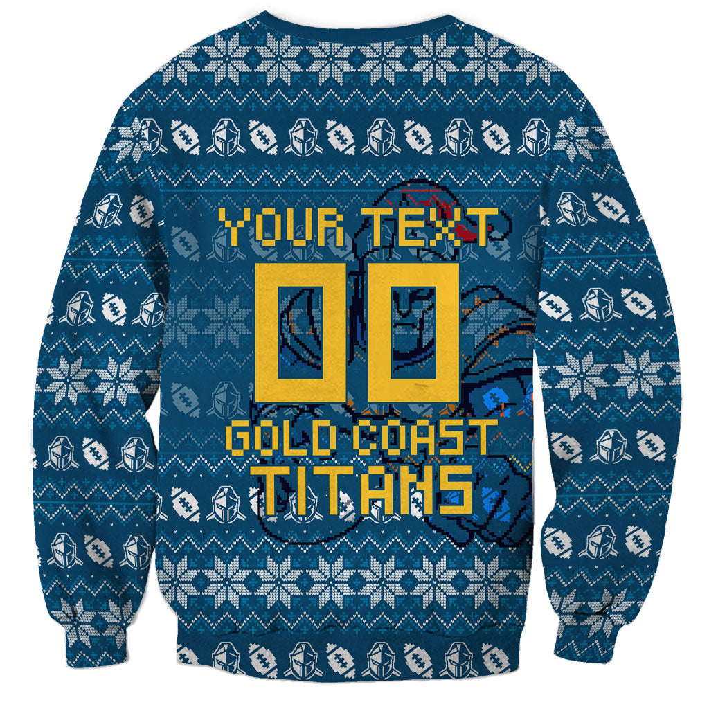 Personalized Gold Coast Titans Christmas Sweatshirt Australian Rugby Fans - Pixelated Ugly Xmas Pattern Mascot Santa
