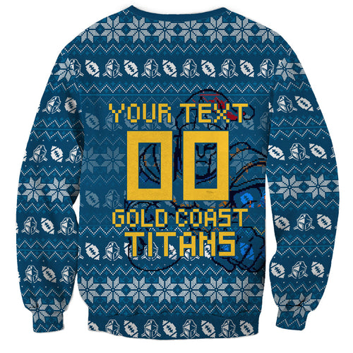 Personalized Gold Coast Titans Christmas Sweatshirt Australian Rugby Fans - Pixelated Ugly Xmas Pattern Mascot Santa