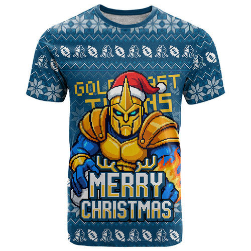 Personalized Gold Coast Titans Christmas T Shirt Australian Rugby Fans - Pixelated Ugly Xmas Pattern Mascot Santa