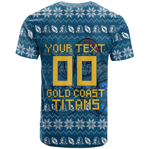Personalized Gold Coast Titans Christmas T Shirt Australian Rugby Fans - Pixelated Ugly Xmas Pattern Mascot Santa