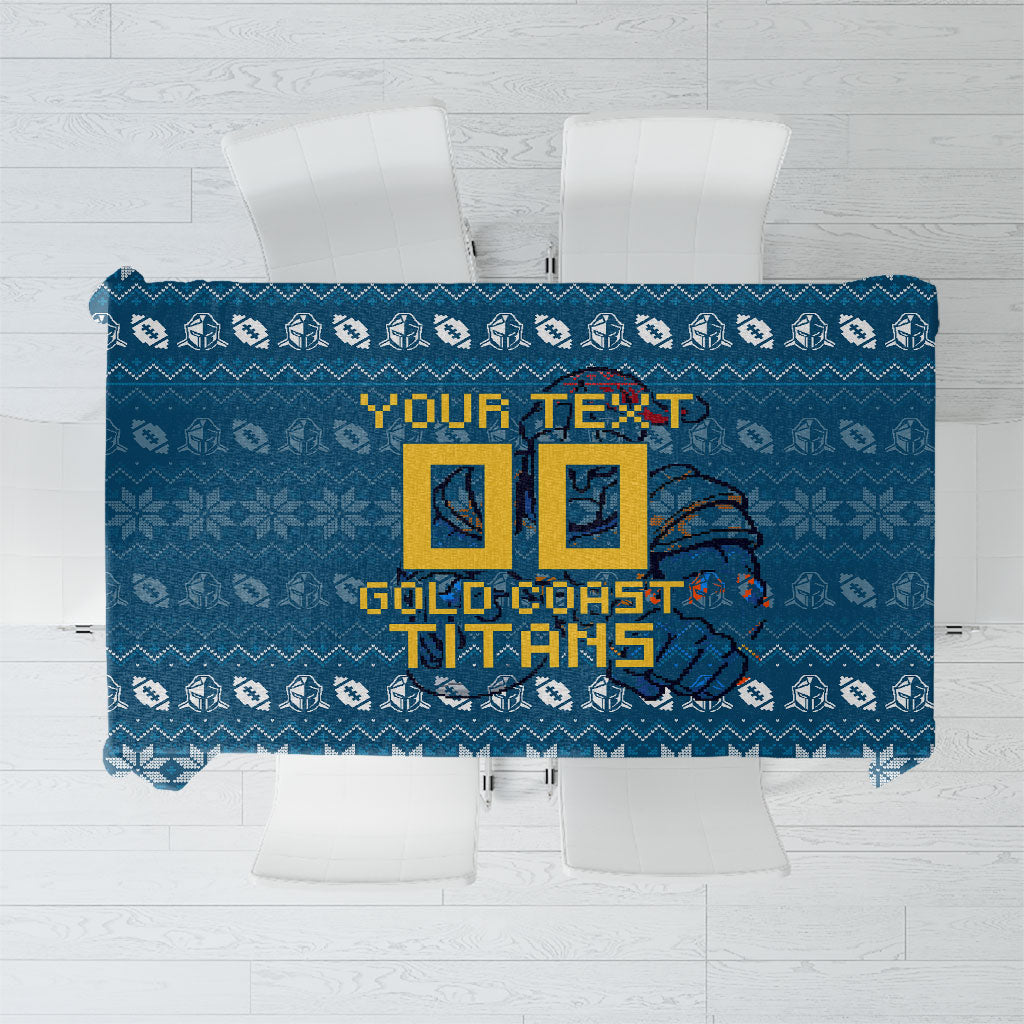 Personalized Gold Coast Titans Christmas Tablecloth Australian Rugby Fans - Pixelated Ugly Xmas Pattern Mascot Santa