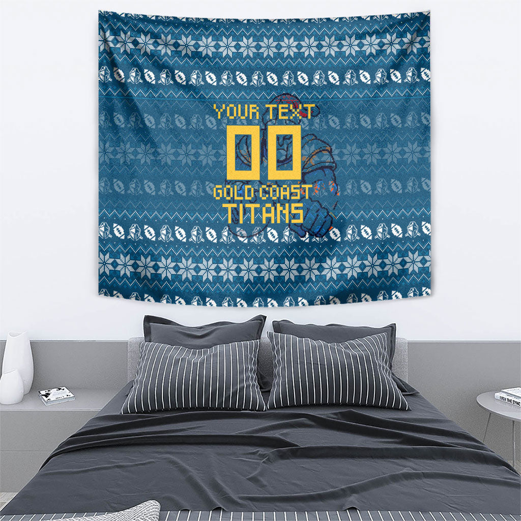 Personalized Gold Coast Titans Christmas Tapestry Australian Rugby Fans - Pixelated Ugly Xmas Pattern Mascot Santa
