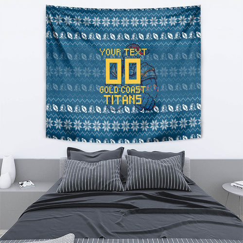 Personalized Gold Coast Titans Christmas Tapestry Australian Rugby Fans - Pixelated Ugly Xmas Pattern Mascot Santa
