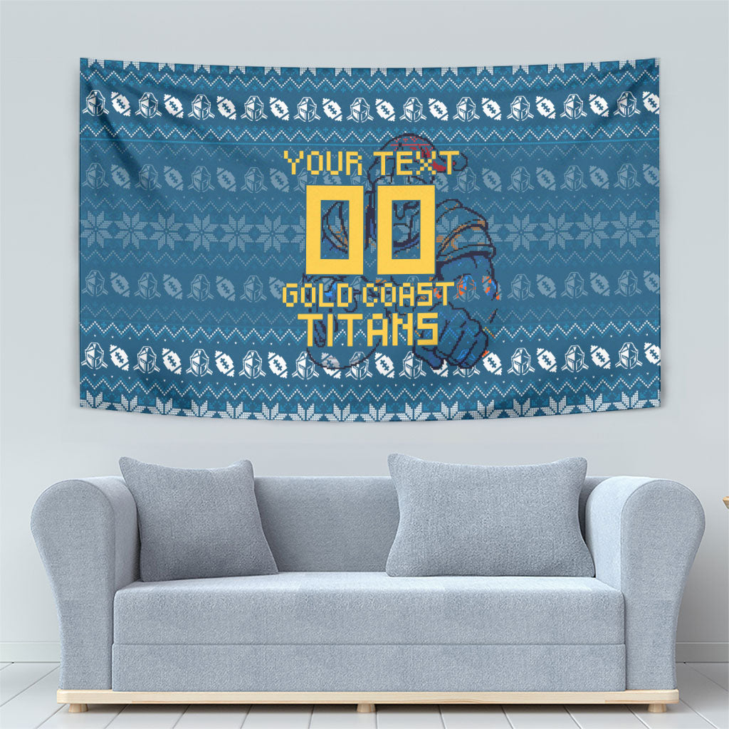 Personalized Gold Coast Titans Christmas Tapestry Australian Rugby Fans - Pixelated Ugly Xmas Pattern Mascot Santa