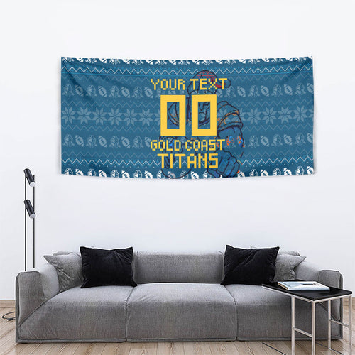 Personalized Gold Coast Titans Christmas Tapestry Australian Rugby Fans - Pixelated Ugly Xmas Pattern Mascot Santa