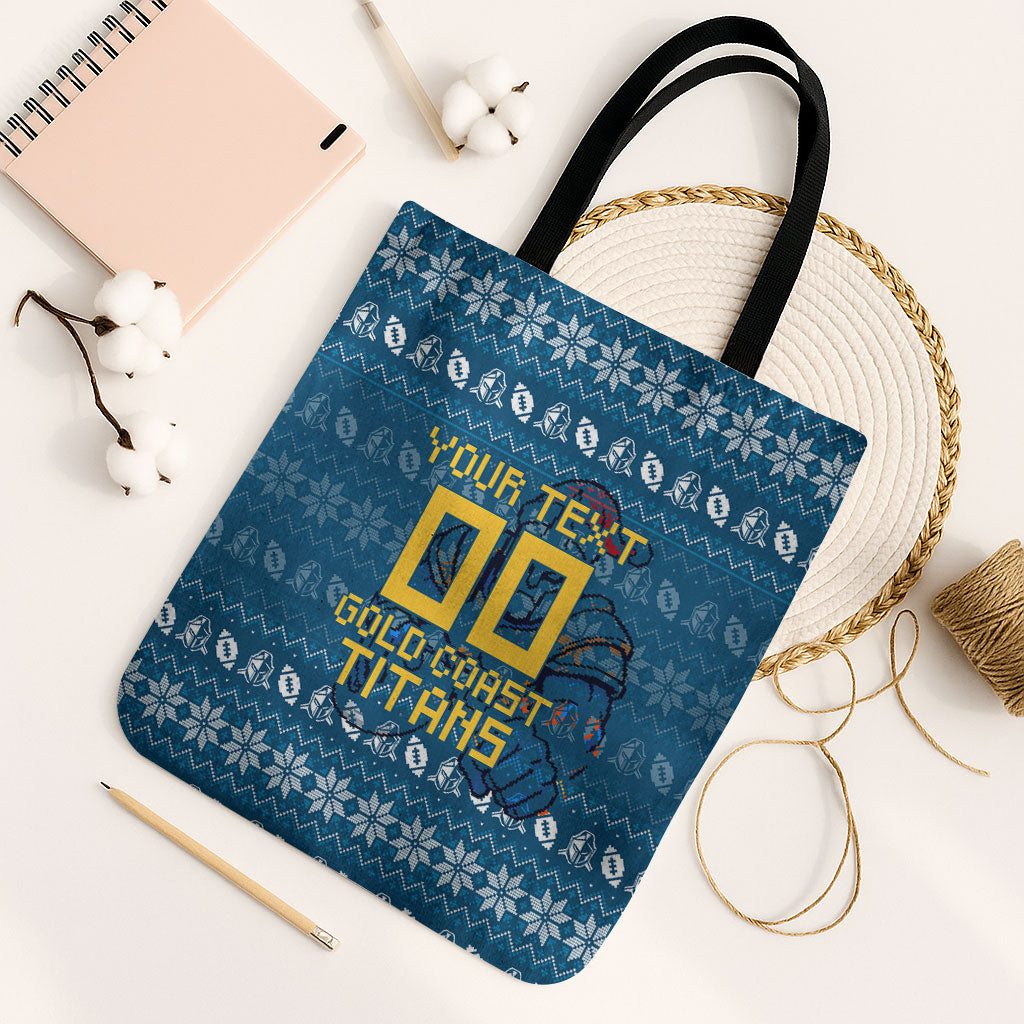 Personalized Gold Coast Titans Christmas Tote Bag Australian Rugby Fans - Pixelated Ugly Xmas Pattern Mascot Santa
