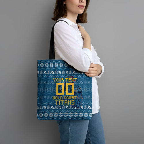 Personalized Gold Coast Titans Christmas Tote Bag Australian Rugby Fans - Pixelated Ugly Xmas Pattern Mascot Santa