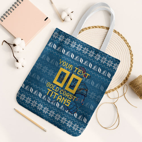 Personalized Gold Coast Titans Christmas Tote Bag Australian Rugby Fans - Pixelated Ugly Xmas Pattern Mascot Santa