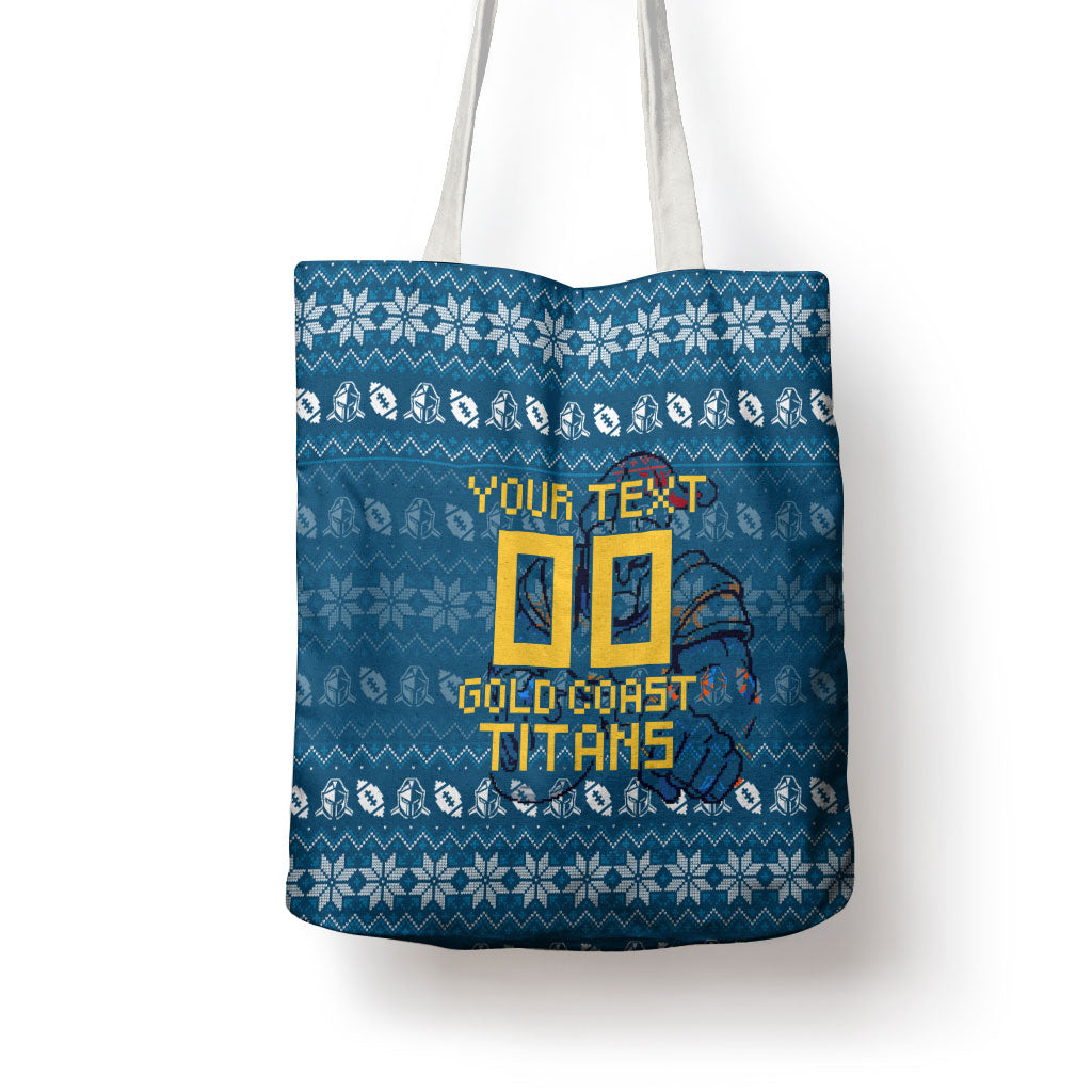 Personalized Gold Coast Titans Christmas Tote Bag Australian Rugby Fans - Pixelated Ugly Xmas Pattern Mascot Santa