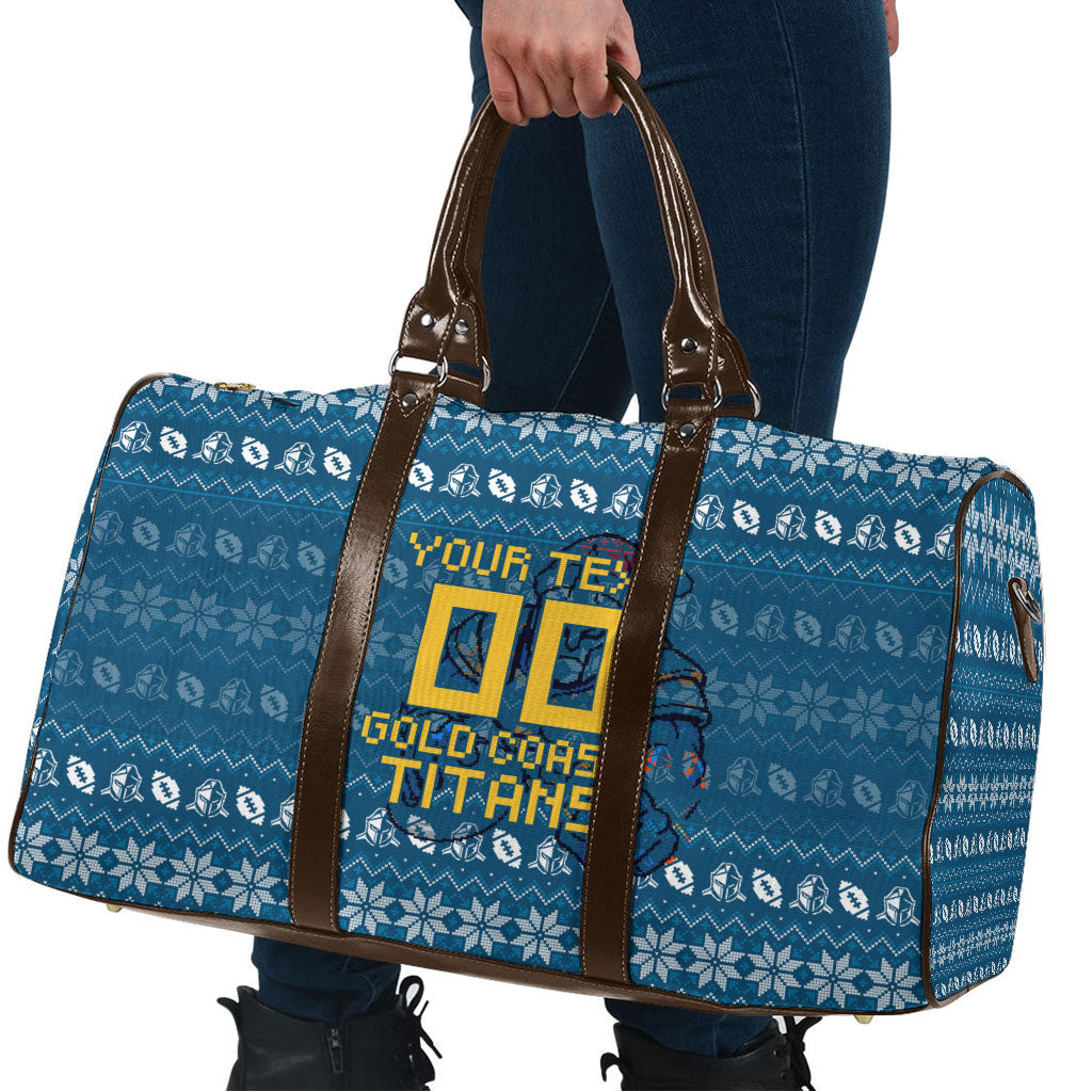 Personalized Gold Coast Titans Christmas Travel Bag Australian Rugby Fans - Pixelated Ugly Xmas Pattern Mascot Santa