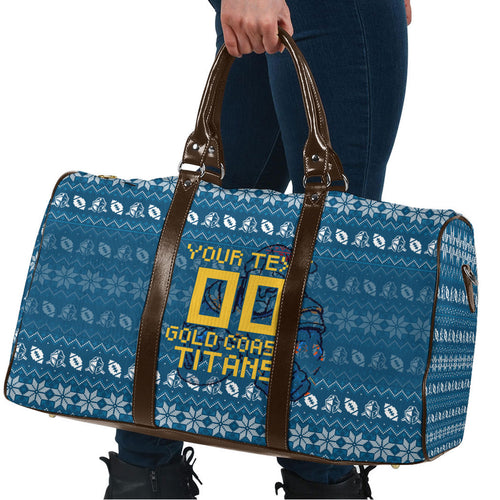 Personalized Gold Coast Titans Christmas Travel Bag Australian Rugby Fans - Pixelated Ugly Xmas Pattern Mascot Santa