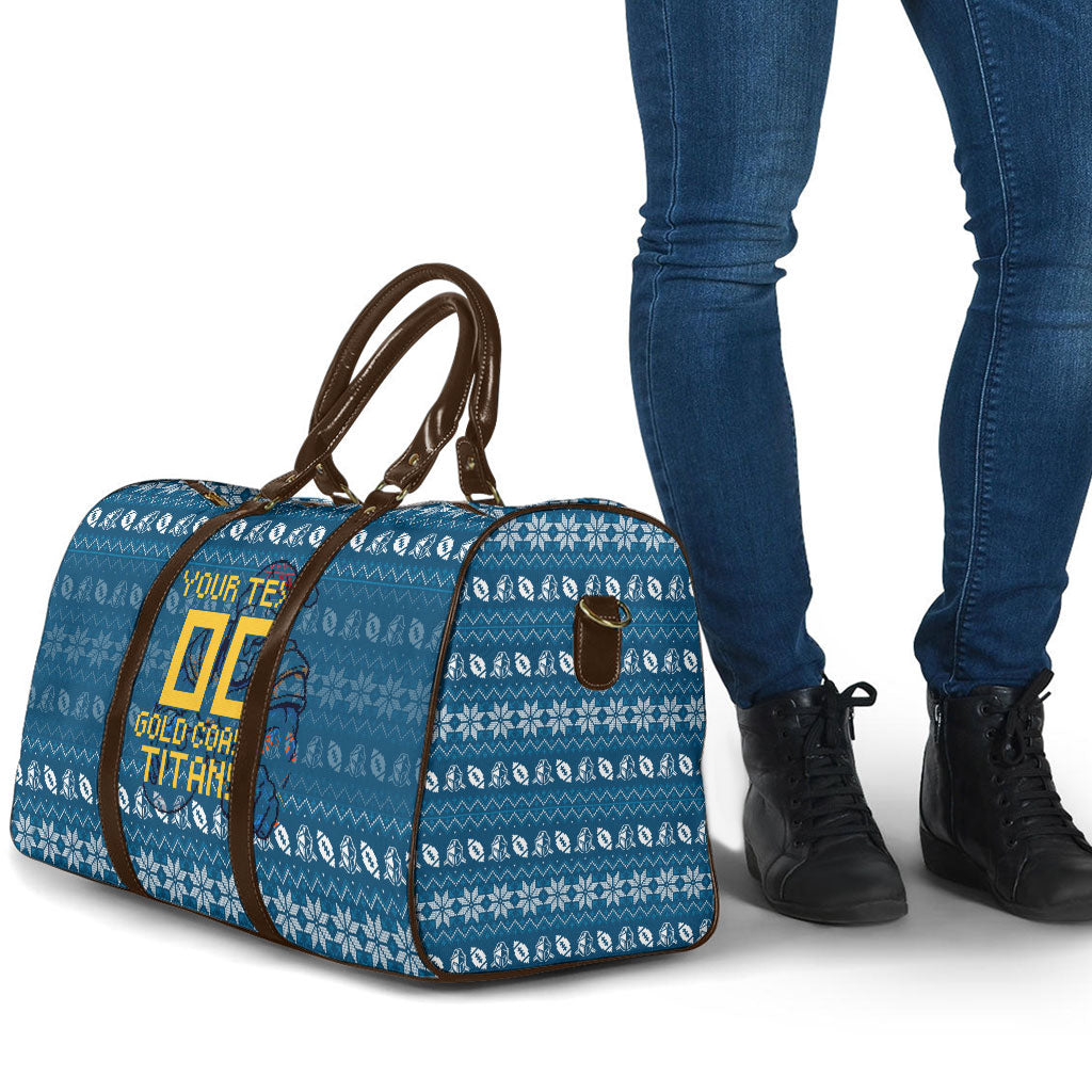 Personalized Gold Coast Titans Christmas Travel Bag Australian Rugby Fans - Pixelated Ugly Xmas Pattern Mascot Santa