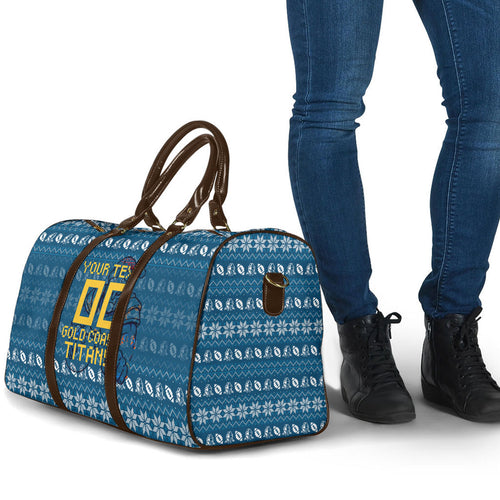 Personalized Gold Coast Titans Christmas Travel Bag Australian Rugby Fans - Pixelated Ugly Xmas Pattern Mascot Santa