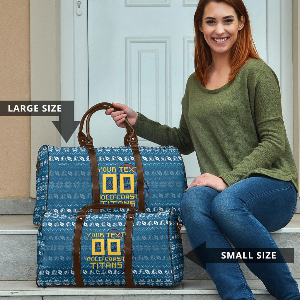 Personalized Gold Coast Titans Christmas Travel Bag Australian Rugby Fans - Pixelated Ugly Xmas Pattern Mascot Santa