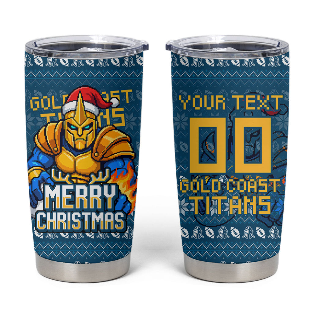 Personalized Gold Coast Titans Christmas Tumbler Cup Australian Rugby Fans - Pixelated Ugly Xmas Pattern Mascot Santa