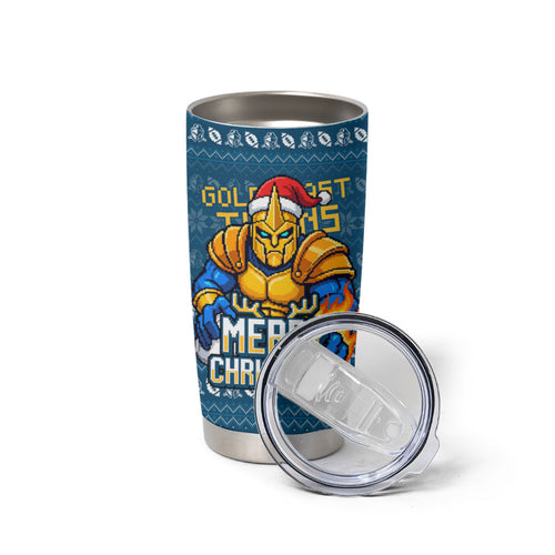 Personalized Gold Coast Titans Christmas Tumbler Cup Australian Rugby Fans - Pixelated Ugly Xmas Pattern Mascot Santa