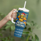Personalized Gold Coast Titans Christmas Tumbler With Handle Australian Rugby Fans - Pixelated Ugly Xmas Pattern Mascot Santa