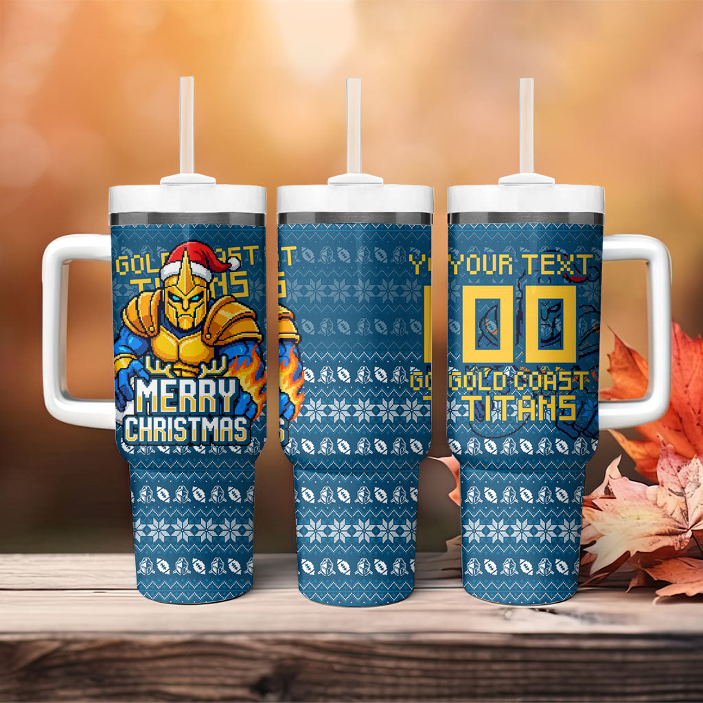 Personalized Gold Coast Titans Christmas Tumbler With Handle Australian Rugby Fans - Pixelated Ugly Xmas Pattern Mascot Santa