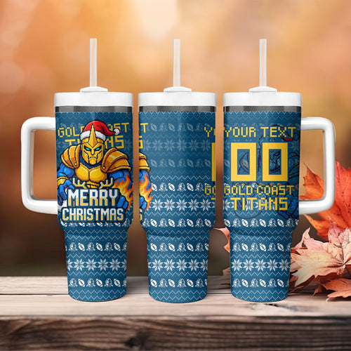 Personalized Gold Coast Titans Christmas Tumbler With Handle Australian Rugby Fans - Pixelated Ugly Xmas Pattern Mascot Santa
