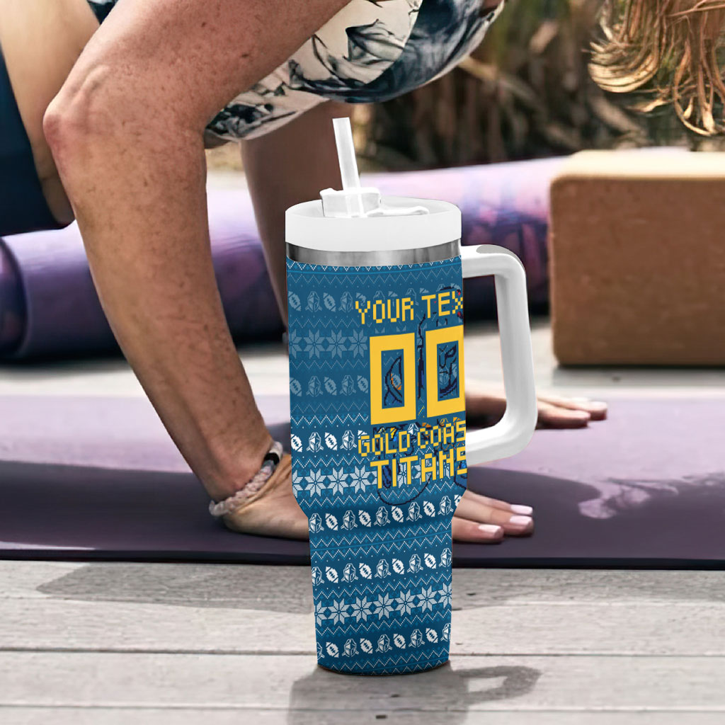 Personalized Gold Coast Titans Christmas Tumbler With Handle Australian Rugby Fans - Pixelated Ugly Xmas Pattern Mascot Santa
